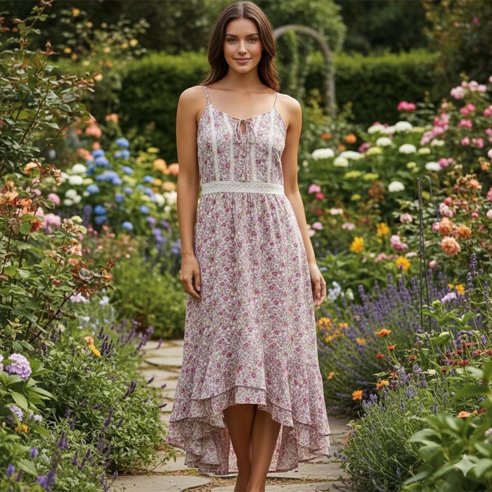 Japna Babydoll Dress Women's Large‎ Floral Lace Trim Asymmetric Cottagecore